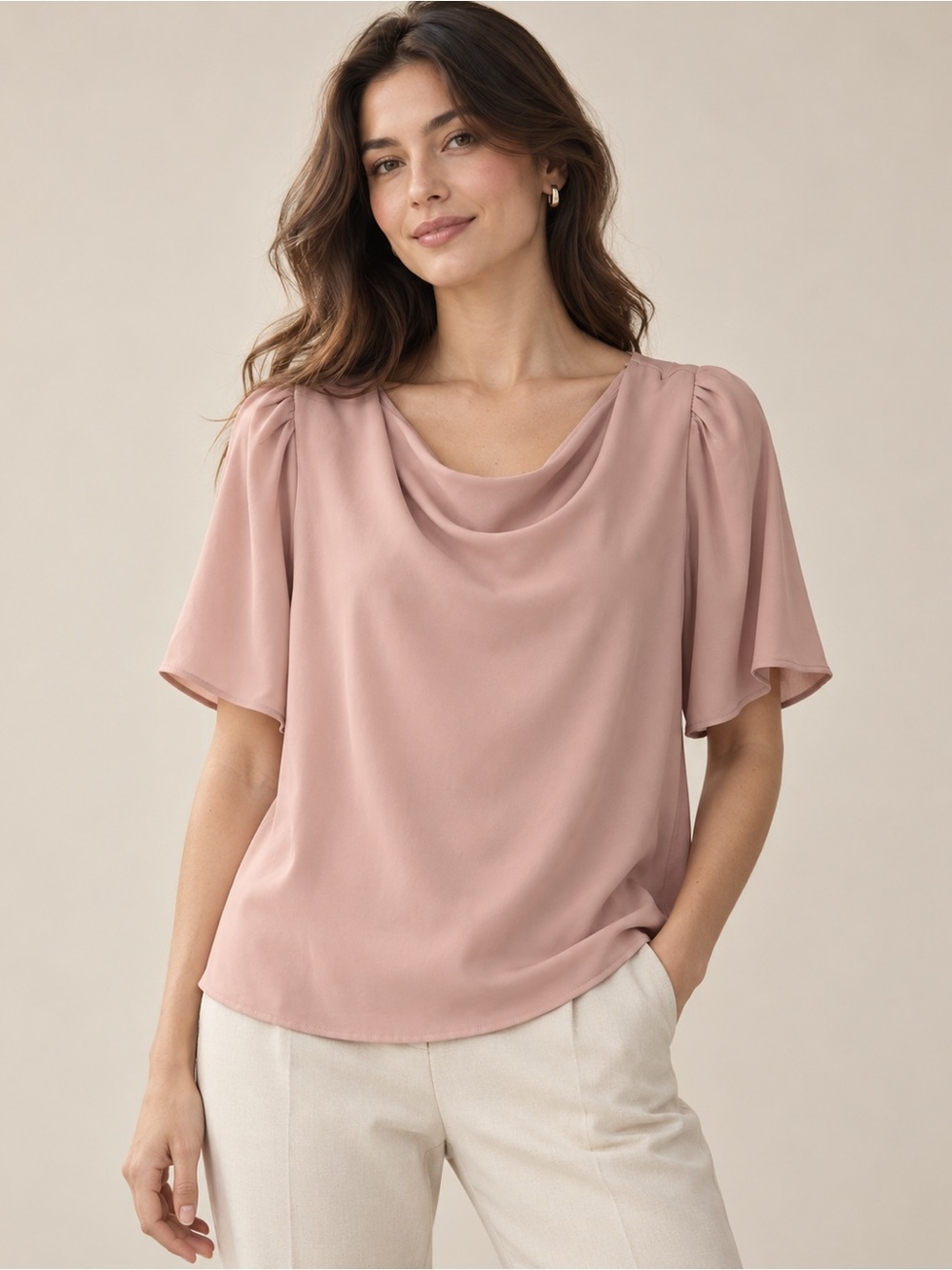 Ann Taylor Factory Draped Neck Flutter-Sleeve Blouse - Dusty Rose Size XL